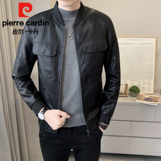 皮尔卡丹（pierre cardin）海宁潮流春秋新款皮衣男士休闲短款立领棒球服帅气机车皮夹克外套 黑色P719 2XL