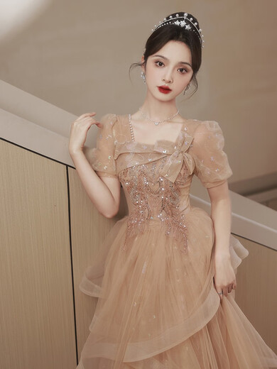 Fuyihao adult dress for women 18-girl dress for students puffy skirt 2025 new banquet temperament light luxury niche high-end design khaki long (champagne color) M