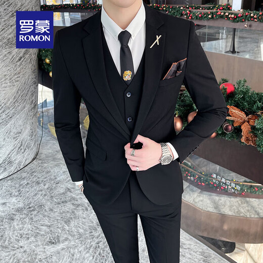 Luo Meng Suit Men's Groomsmen and Grooms Business Casual Slim Small Suit Jacket Four-piece Wedding Suit Men's Black (Suit, Trousers) One Button XL