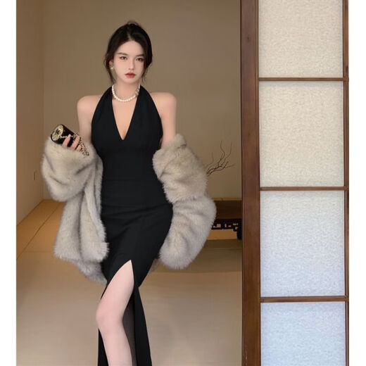 Vestido sexy LPOX con un vestido de cuello halter de hendidura para mujeres, vestido pequeño de gama alta de Xia Hepburn Slim Sexy Long Black L [105-115Jin [Jin equivale a 0.5 kg]]]
