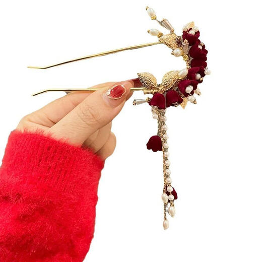 Qimei Love Hairpin New Chinese Style Engagement U-Shaped Hairpin Red Flower Pearl Tassel Ancient Style Coiled Hair Toast Wear Headwear Accessories Red Rose Tassel Hairpin