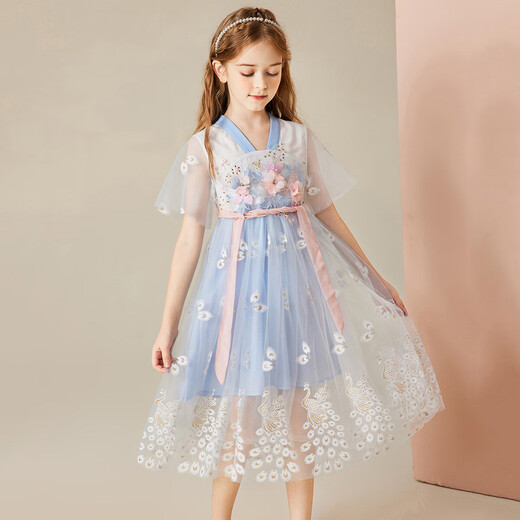 ASK JUNIOR Girls' Dress Summer Medium and Old Children's Retro Hanfu Skirt Thin Children's Short-Sleeved Mesh Princess Dress Blue