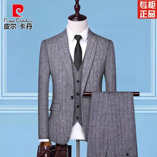 Pierre Cardin suit men's Korean style slim striped suit three-piece business wedding dress for men black suit + vest + trousers 4XL