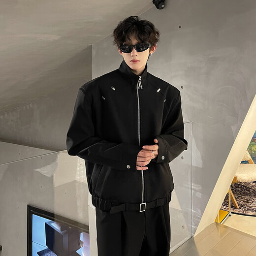 QGF American high street shoulder pad jacket for men and women in spring and autumn new short style handsome fashion brand top clothes high-end jacket black XL recommended 110-130Jin Jin is equal to 0.5 kg