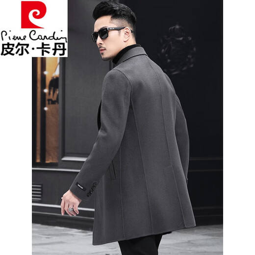 皮尔卡丹（pierre cardin）秋冬新款羊毛男士无羊绒双面呢薄外套中长款毛呢秋装风衣呢子大衣 烟灰 2XL 150-165斤