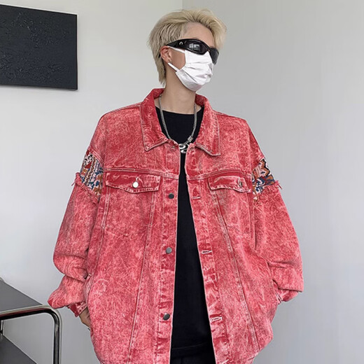 Weissensen pink denim jacket for men in autumn high street trendy brand washed splicing loose jacket couple versatile lapel top CXPF-679 pink one size larger XL
