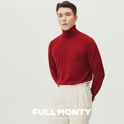 FULL MONTY秋酒红高领套头毛衣男士羊毛针织衫内搭打底衫纯色线衣 酒红8744 XL