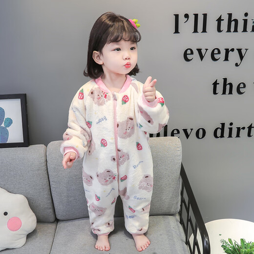 Papi Monkey children's one-piece pajamas coral velvet baby girl autumn and winter plus velvet thickened flannel crawler cartoon baby sleeping bag pink double layer 90 size recommended 1-2 years old (height around 85)