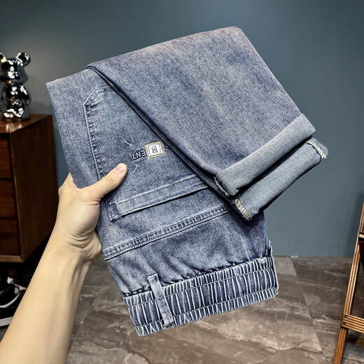 
2025 spring and summer thin elastic waistless jeans men's lace-up simple loose large size casual elastic harem pants light blue 2385 thin model 33 (recommended 145-155Jin [Jin equals 0.5 kg])