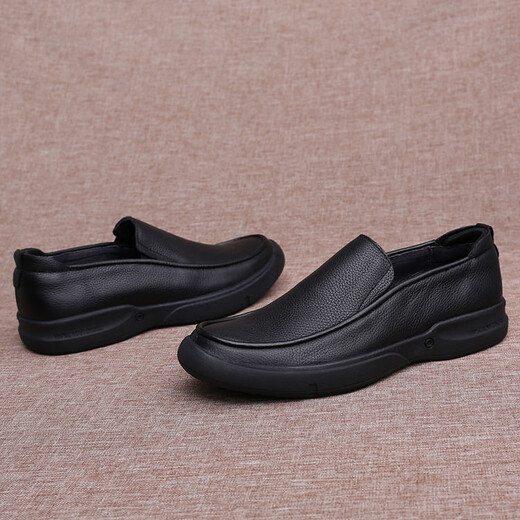 Men's Autumn Business Casual Leather Shoes Large Size Small Size Genuine Leather Men's Shoes Breathable Soft Leather Soft Sole Slip-On Dad Shoes Black Sleeve 40 (250mm)