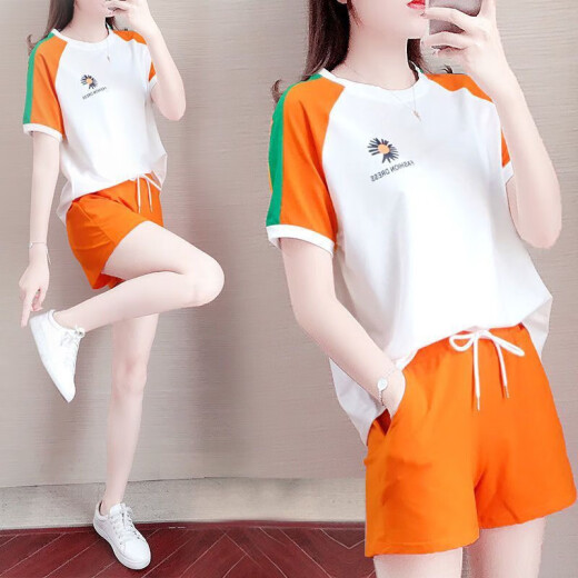 Duomao Fashion Versatile Sports Casual Pants Suit Women's 2021 Summer New Korean Style Loose Casual Large Size Age Reduction Western Style Summer Two-piece Women's Suit Orange Red 2XL