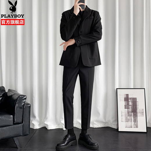 Playboy (PLAYBOY) no-iron suit men's autumn and winter Korean style trendy wedding dress small suit men's casual three-piece suit CGHHTX8TZ black three-piece suit XL