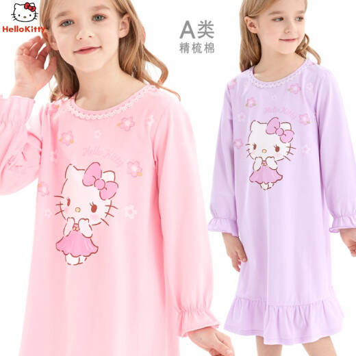 Hello Kitty children's nightgown combed cotton pajamas baby girls long-sleeved princess new style girls big children spring and autumn home clothes pink 513214130CM suitable for 125-135