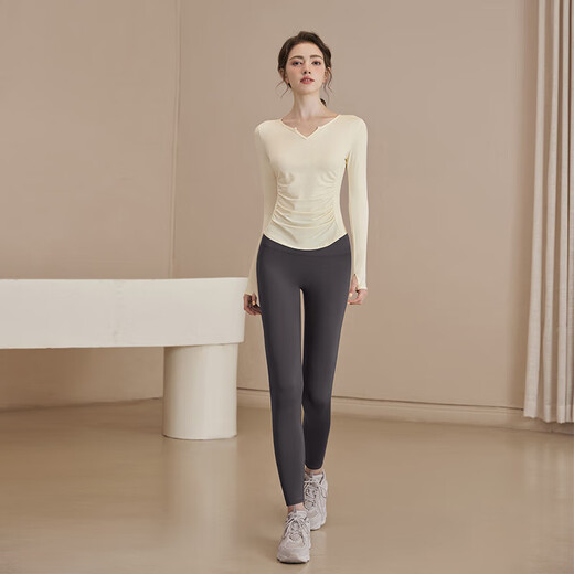 LULUUVTTOH yoga clothing suit women's Pilates autumn and winter fitness long-sleeved tops breathable running sports training clothes gray fake two-piece trousers L