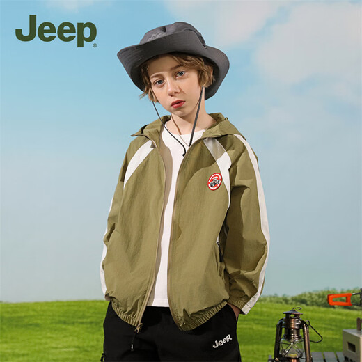 Jeep children's clothing children's sun protection clothing for boys and girls outdoor tops 2025 new style breathable and cool thin jacket for middle and large children, light military green 160 cm