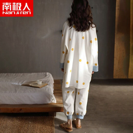 Antarctic cream white cotton polka dot print women's pajamas for women spring and summer long-sleeved casual cardigan women's home wear women's loose and comfortable can be worn outside pajamas and pajamas set L