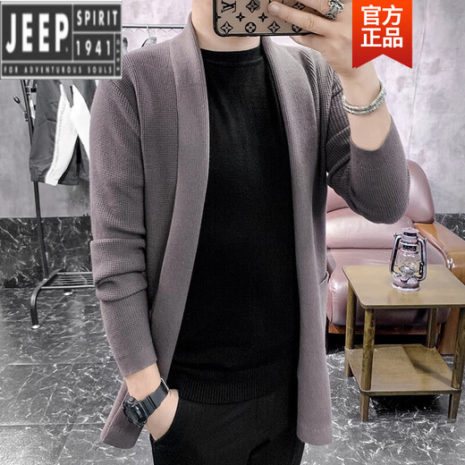 吉普（JEEP）高档成熟稳重男装针织开衫男春秋款潮流韩版毛衣外套中长款毛线风 深灰色 M