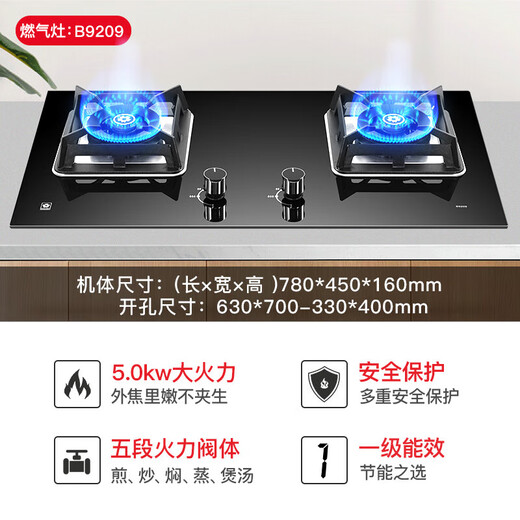 
Sakura (SAKURA) gas stove natural gas stove gas stove double stove liquefied gas stove table type embedded dual-purpose 5.0KW large firepower first-level energy efficiency large size national subsidy 20% [liquefied gas] B9209 replacement without hole expansion