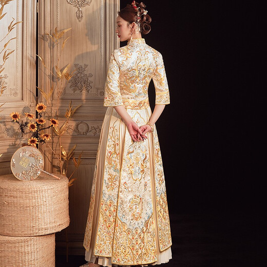 ZEIMSSMM Xiuhe Wedding Bridal 2024 New Wedding Dress Ancient Wedding Dress Cheongsam Photo Studio Same Style Chinese Wedding Dress 147 Gold No Diamond Style L