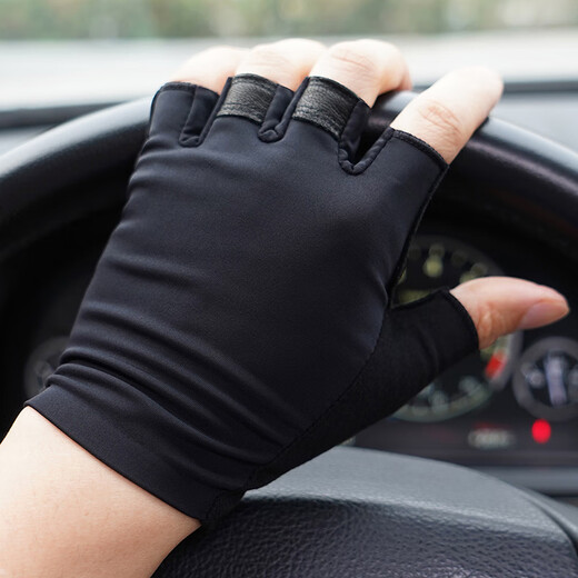 NOOLDERS Men's Half Finger Cycling Driving Genuine Leather Gloves Motorcycle Gloves Half Fingerless Driving Leather Gloves Slim Fit Lycra Leather Combination Design Black (Single Layer No Lining) M Size