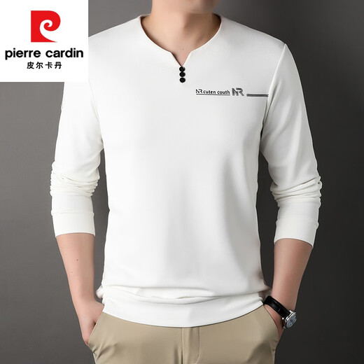 皮尔卡丹（pierre cardin）100%纯棉长袖t恤男V领春秋季新款纯色打底衫男士爸爸装体恤衫上衣 6998哈青 190/4XL建议190-210斤