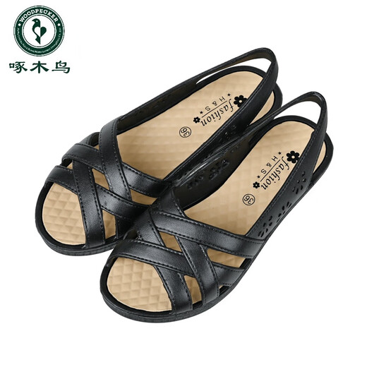 Specht Mutters Sandalen im Sommer Neue Flachspitze-Anti-Schlitten-Slip-Fadenschuhschuhe elegante und vielseitige mittlere und ältere Frauenschuhe außerhalb von Frauen außerhalb 866 Schwarz 38 Einen Größe kleiner
