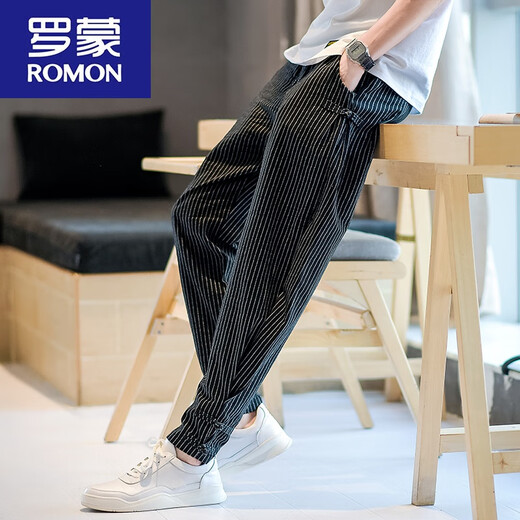 罗蒙（ROMON）夏季中国风男装棉麻九分裤男士条纹裤子亚麻裤男宽松大码束脚裤男 983灰色 3XL 155-165
