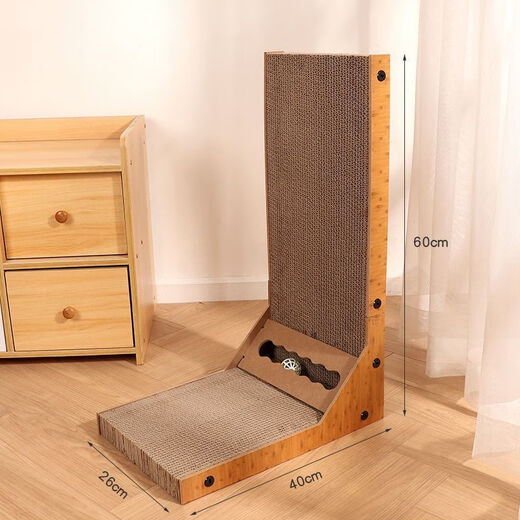 Right-angle cat scratching plate vertical durable without shaving cat claw board large wear-resistant corrugated three-dimensional cat toy supplies Small grip kitten selection - single-layer plywood L-shaped vertical cat scratching plate with bell (bell style)