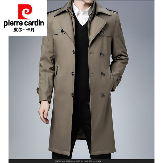 Pierre Cardin autumn and winter wool windbreaker men's removable inner liner young and middle-aged medium-length large size thickened jacket knitted khaki 1956 style L 175 size recommended 120-135 Jin Jin equals 0.5 kg