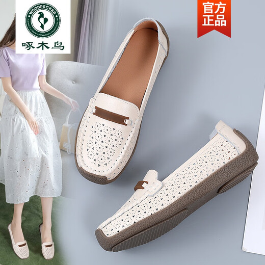 Woodpecker Beanie Women's Shoes 2025 New Summer Sandals Genuine Leather Flat Shoes Breathable Soft Sole Hollow Summer Mom Shoes 826 Black Hollow 35