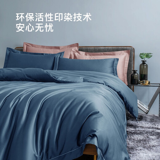 Made in JD.com, 80 long velvet cotton bed four-piece set, embroidered tribute satin craft, 1.8-meter bed, Bali blue