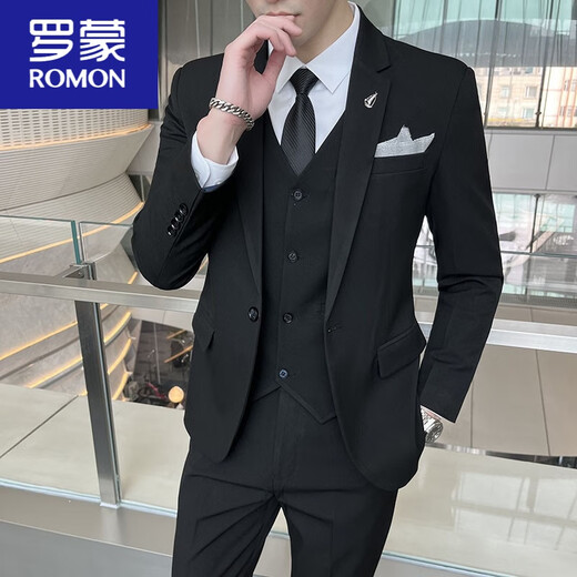 ROMON suit men's three-piece Korean style business casual suit groomsmen groomsmen wedding dress professional formal suit blue one-piece suit tie, belt XL