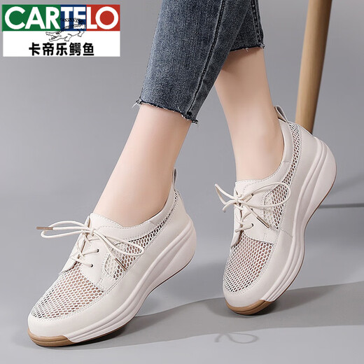 CARTELO Sommer-Einzelschuhe aus echtem Leder für Mütter mittleren Alters, Damen-Hohlnetz, atmungsaktive Netzschuhe, große Sehnensohle, rutschfeste Sandalen mit dicker Sohle, 653, beige, Sommer-Hohlgröße 35