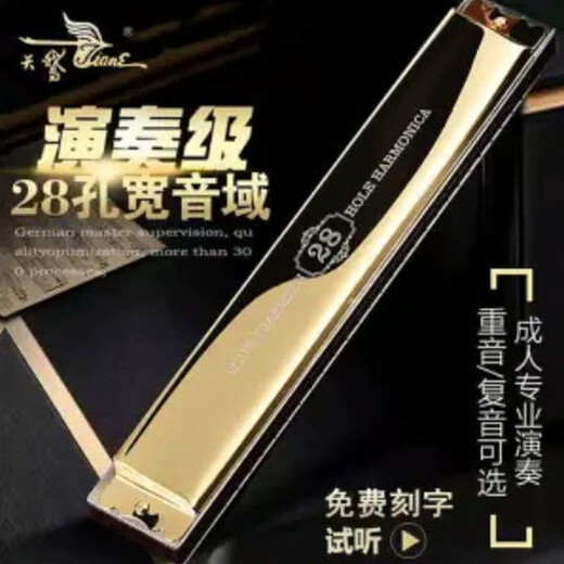 天鹅德国进口音簧28孔复音口琴高端成人重音送礼品专业演奏级乐器 金色复音C调
