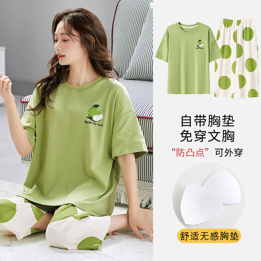 猫人（MiiOW）2025年新款夏季睡衣女夏短袖七分裤棉质薄款休闲带内垫家居服套装 带胸垫套装：YW-2601 L 【建议90-110斤】