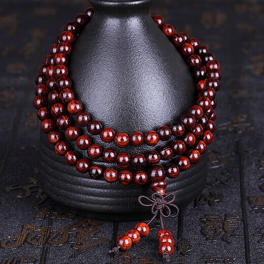 妍韵珠宝精品6MM黄花梨手串正品108颗虎斑纹把件文玩念珠男女士佛珠手链