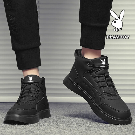 Playboy Shoes Men's Shoes 2025 New High Top Autumn and Winter Velvet Business Leather Shoes Men's Martin Boots Sports and Leisure Shoes Black 41