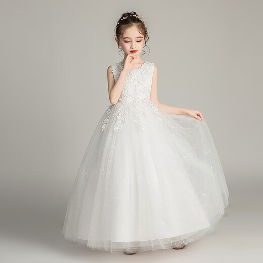 
Dev Ake children's dress girl princess skirt host high-end piano performance evening dress little girl wedding summer big boy BX683 long sleeveless white 130 (recommended 41-50 Jin [Jin equals 0.5 kg])