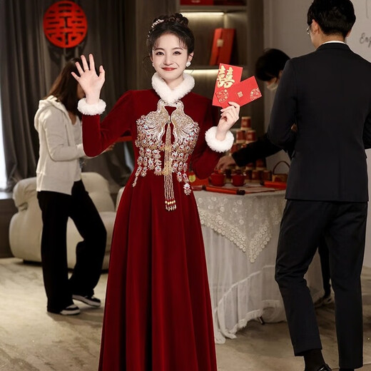 Li Baixin Chinese Cheongsam Toast Wear Bride 2025 Long Sleeve Red Out-of-Pavilion Wedding Return Engagement Dress Thickened Autumn and Winter Burgundy XXL Recommended 120-125 Jin Jin equals 0.5 kg