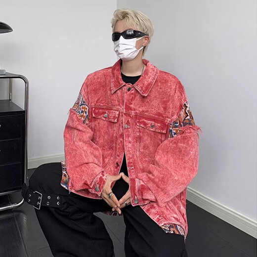 维斯先森粉色牛仔外套男秋季高街潮牌水洗拼接宽松夹克情侣百搭翻领上衣服 CXPF-679粉色【要拍大一码】 XL