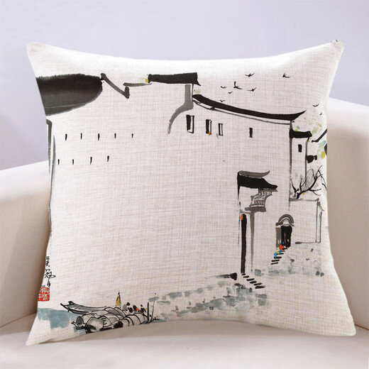 Yuanjia Nipai Wuguan Chinese-style landscape pillow cotton linen sofa cushion house architectural design model room waist pillow A 40X40 (pillow case does not include core