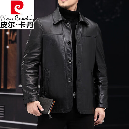 Pierre Cardin 2023 Hasing New Leder Jacke Business Casual Herren Top -Layer Cowhide Revers und Herbstjacke Single Leder Dünn schwarzes schwarzes dünn 2xl 180