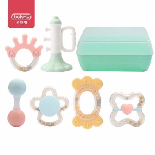 Bainshi baby toys 0-1 years old baby toys newborn hand rattle teether soothing toys can be boiled and sterilized 6-piece set B268 [with storage box]