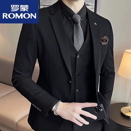 罗蒙（ROMON）男士西服套装男款西装套装休闲男款修身正装西服三件套结婚礼服 黑色双扣/西服+马甲+西裤 9889 L 113-125斤
