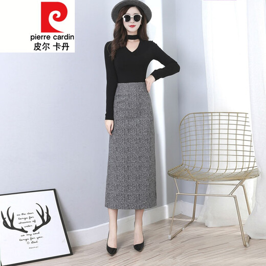 Pierre Cardin high-waisted skirt autumn and winter 2021 woolen hip skirt herringbone slit skirt thickened one-step long skirt knitted 964 gray S