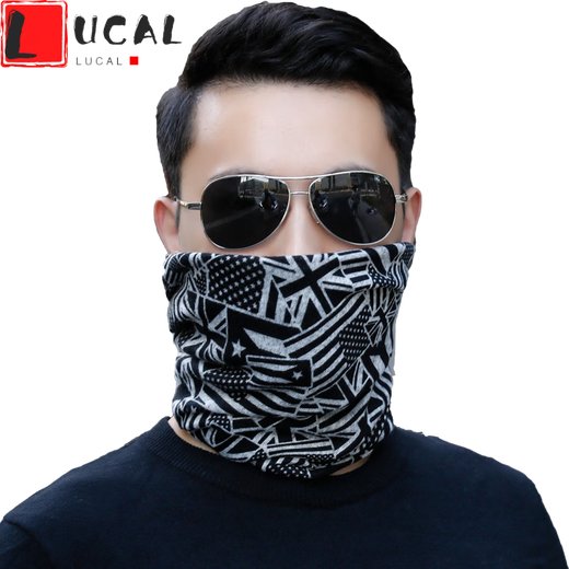 LUCALY new men's silk scarf scarf, men's neck cover, spring, autumn and winter warm scarf, small hat, dual-purpose neck protector, thin cold-proof collar cover, multi-functional black snowflake