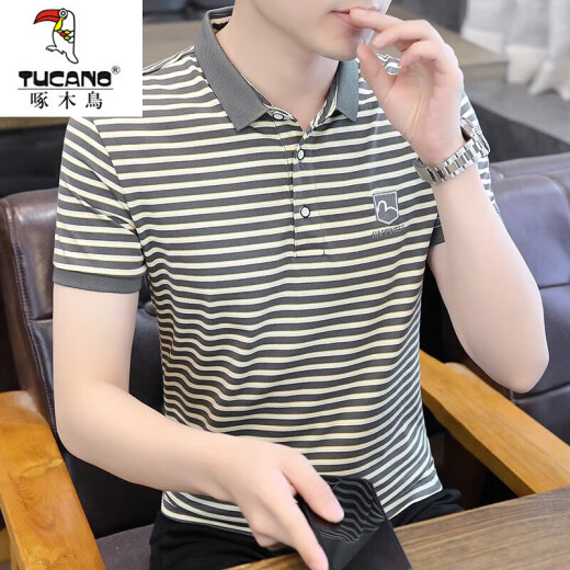 啄木鸟（TUCANO）冰丝短袖t恤男夏季2025新款条纹Polo 衫体恤潮流男装休闲上衣服 Y6626卡其色 XXL