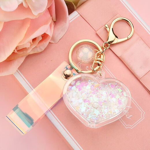 
School bag hanging chain for women creative acrylic into oil bottle quicksand love keychain glitter pink peach heart women Korean cute jewelry pink + fantasy beads + short fantasy color rope quicksand love heart