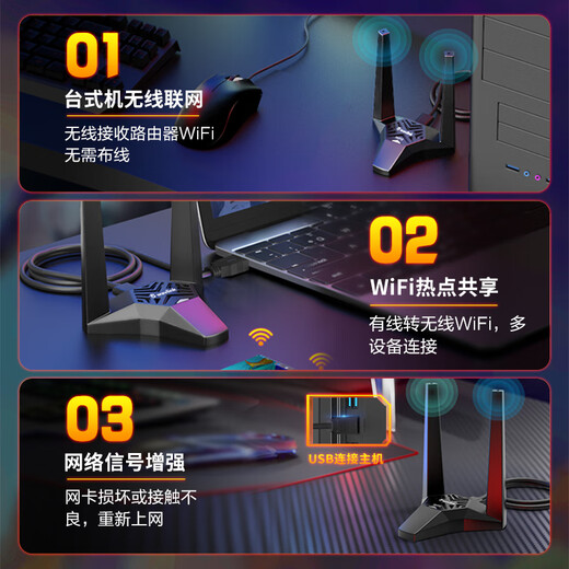 睿因（Wavlink） 1900M双频USB无线网卡台式机笔记本无线信号WIFI接收发射器游戏千兆低延迟 1900M电竞外置四天线款