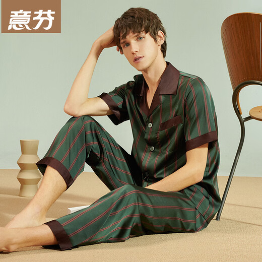 意芬（Arachne）睡衣男夏季薄款冰丝仿真丝男士春秋款丝绸家居服夏天套装居家服秋 D9902-黑灰色（长袖长裤） XL